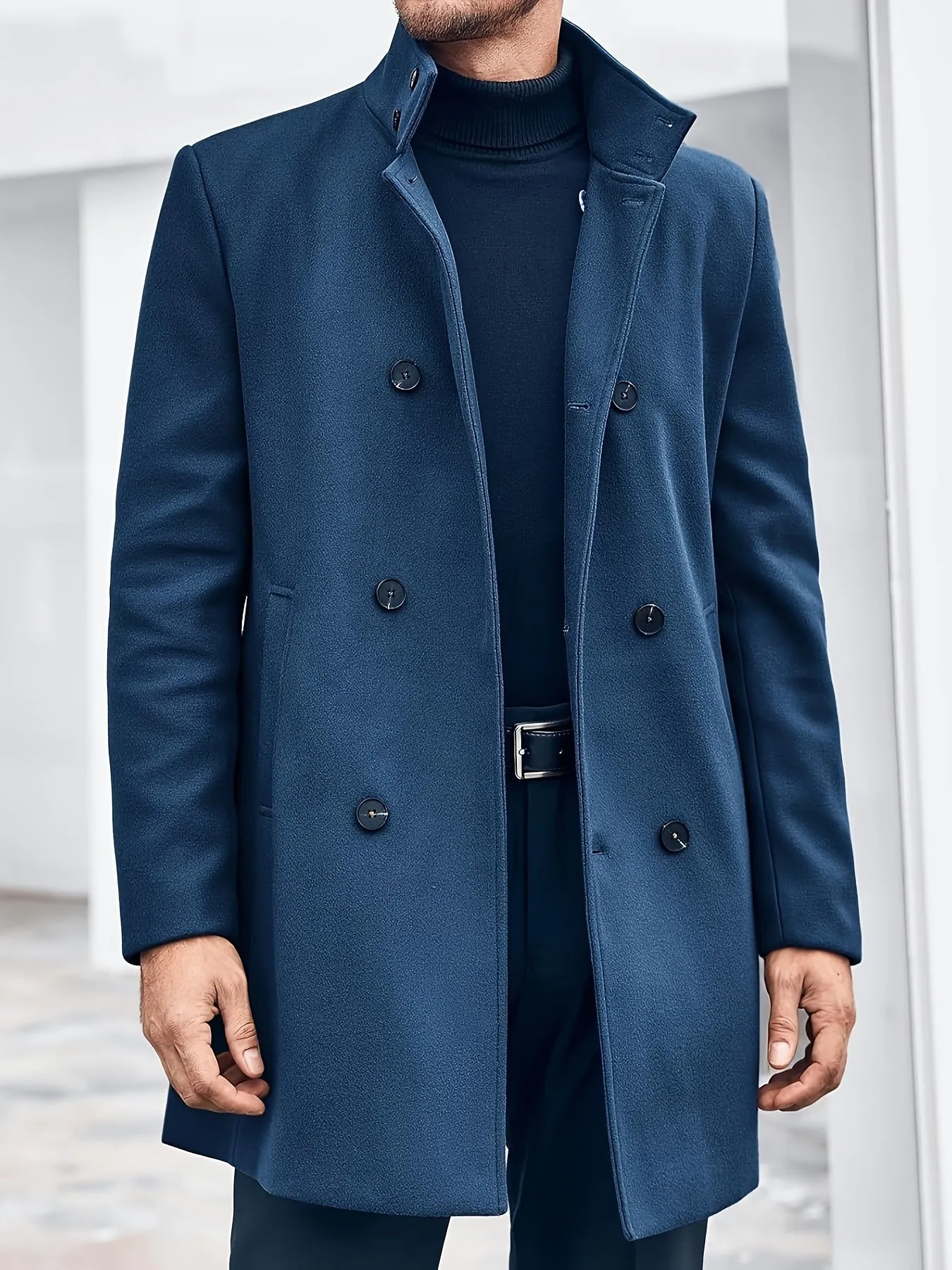 Mens Double Breasted Pea Coat Warm Winter Business Trench