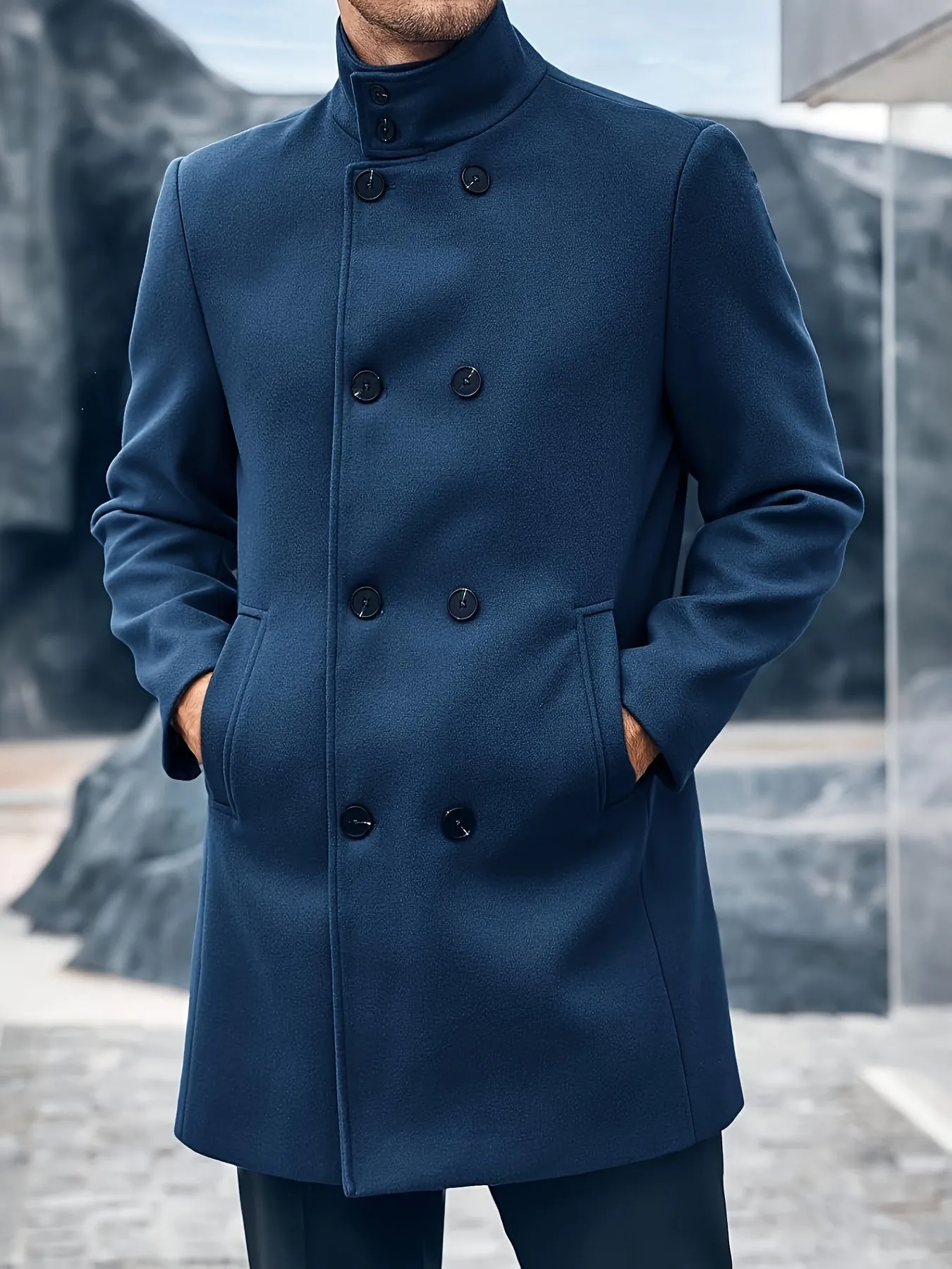Mens Double Breasted Pea Coat Warm Winter Business Trench