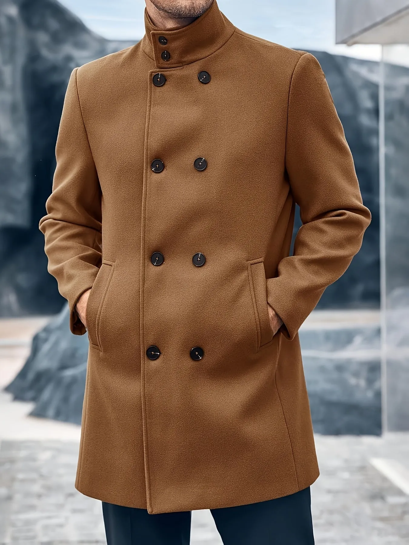 Mens Double Breasted Pea Coat Warm Winter Business Trench