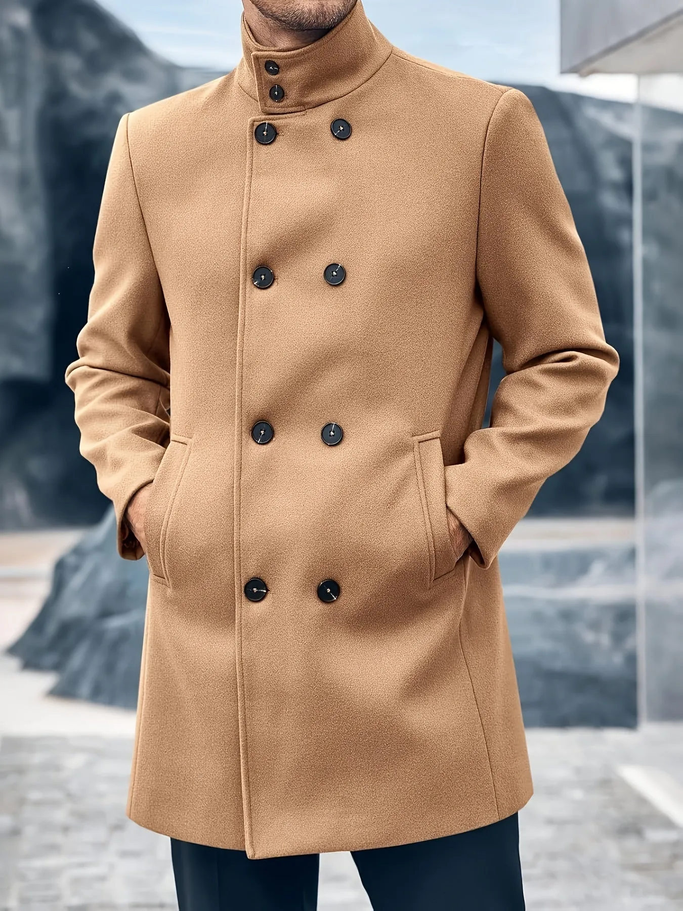 Mens Double Breasted Pea Coat Warm Winter Business Trench
