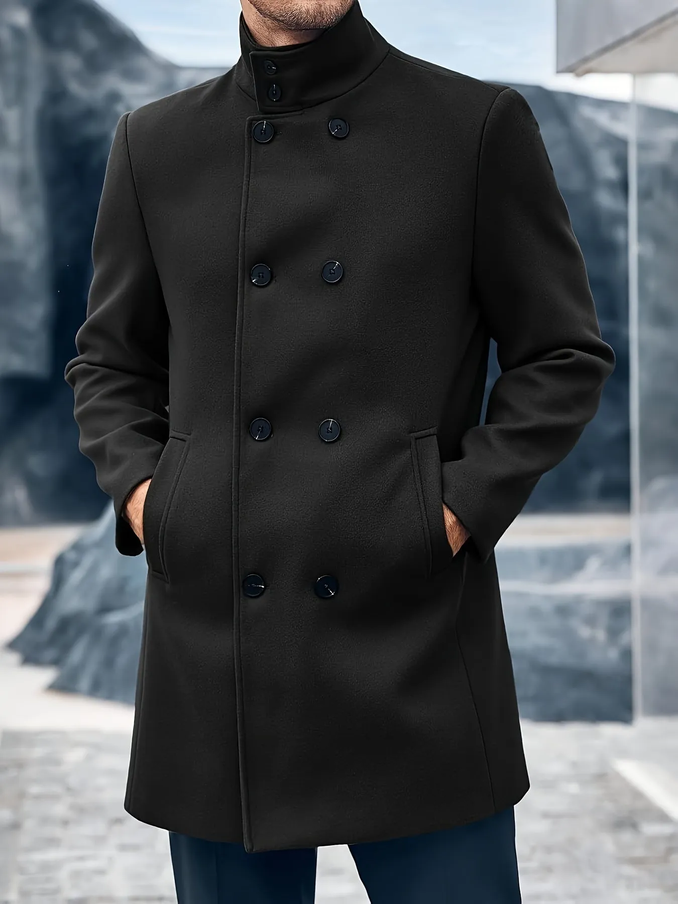 Mens Double Breasted Pea Coat Warm Winter Business Trench