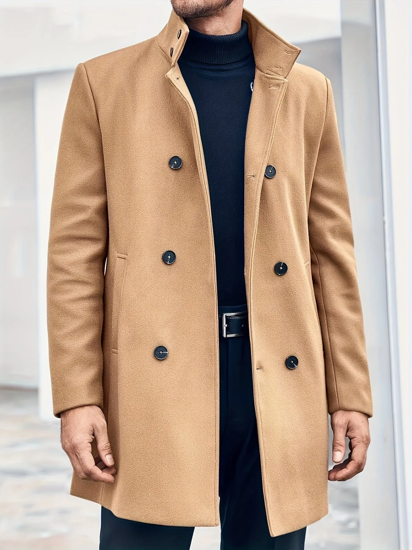 Mens Double Breasted Pea Coat Warm Winter Business Trench