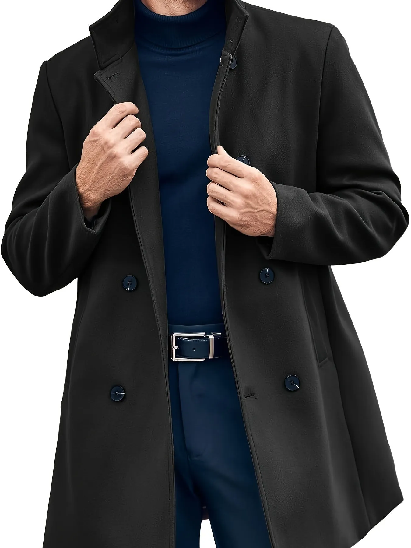 Mens Double Breasted Pea Coat Warm Winter Business Trench