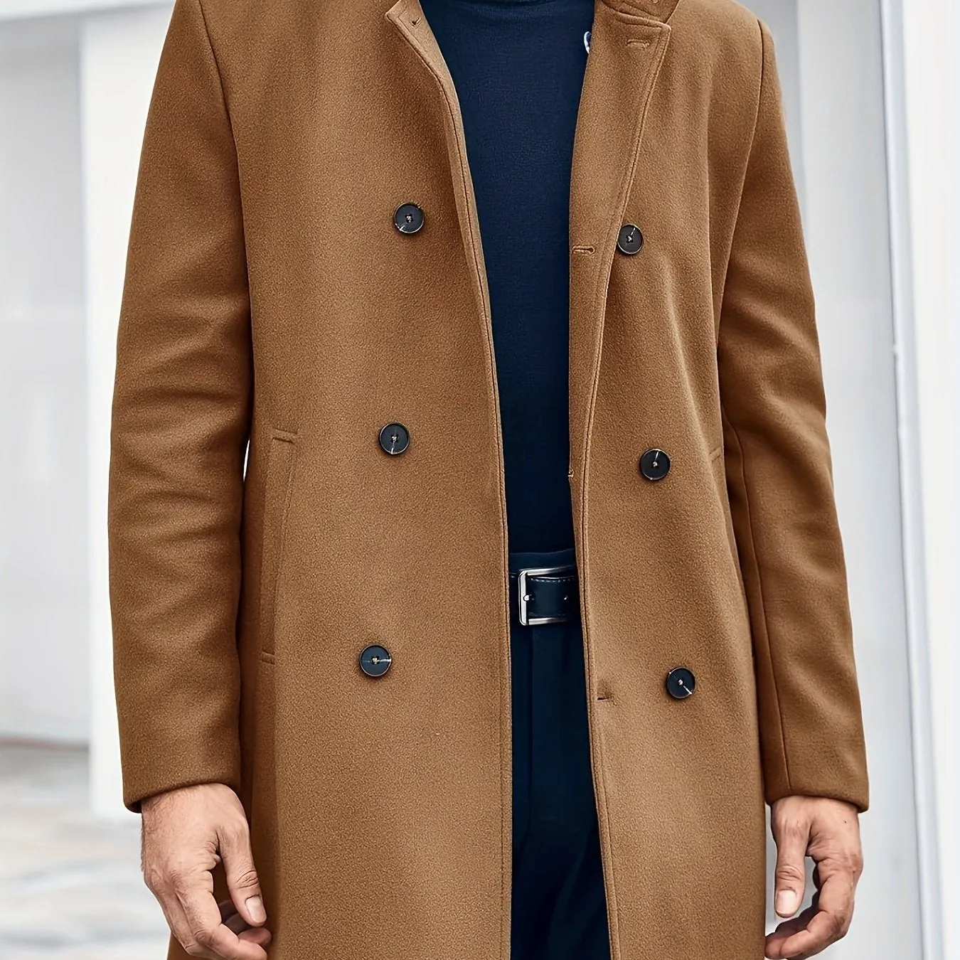 Mens Double Breasted Pea Coat Warm Winter Business Trench