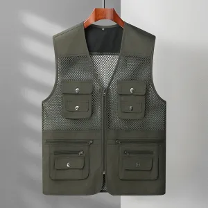 Men's Outdoor Vests Military Tactical Sleeveless Jackets Multiple Pockets Fishing Hiking Mesh Breathable Cool Summer Army Green
