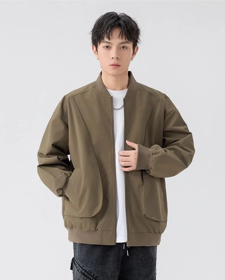 Men's Solid Color Bomber Jacket with Elastic Hem and Cuffs