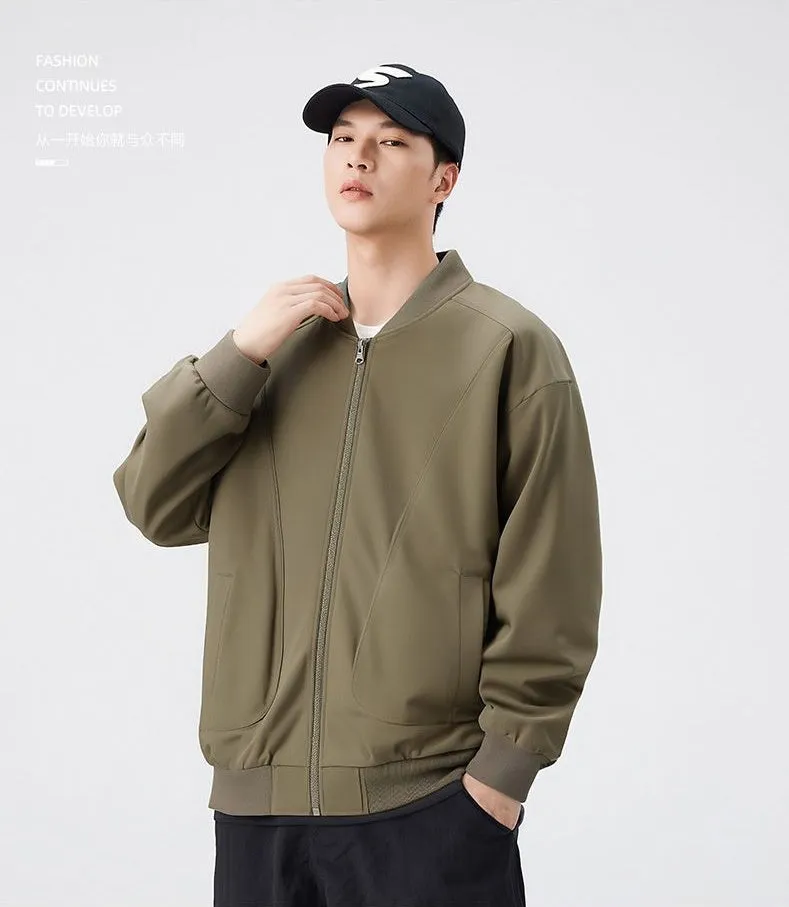 Men's Solid Color Bomber Jacket with Elastic Hem and Cuffs