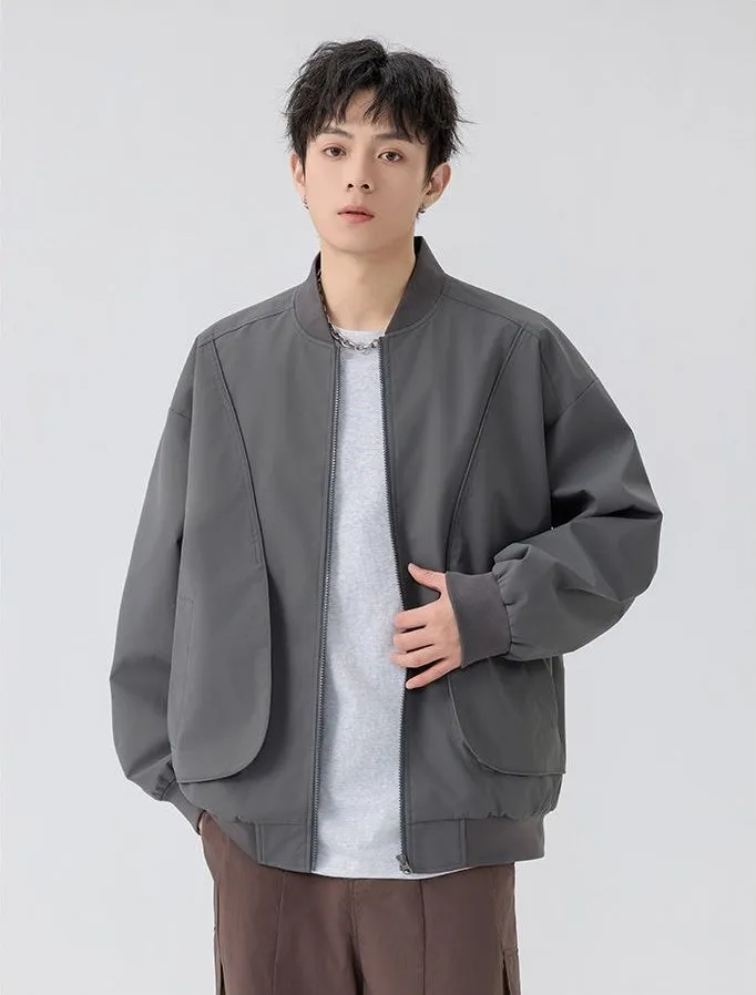 Men's Solid Color Bomber Jacket with Elastic Hem and Cuffs