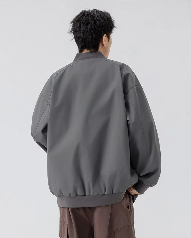 Men's Solid Color Bomber Jacket with Elastic Hem and Cuffs