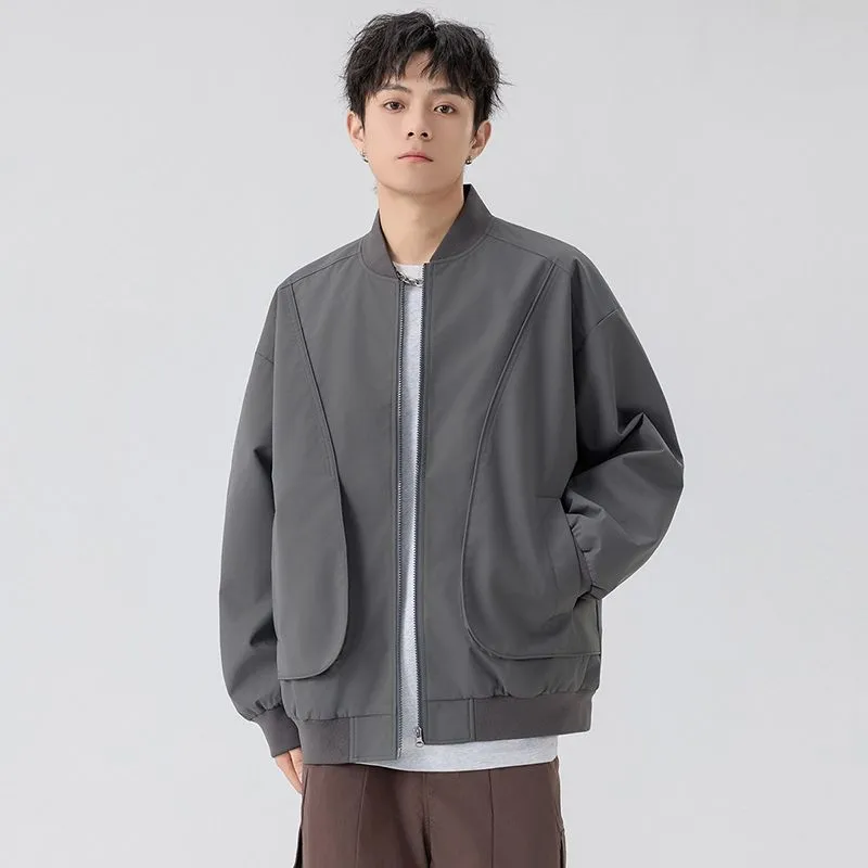 Men's Solid Color Bomber Jacket with Elastic Hem and Cuffs
