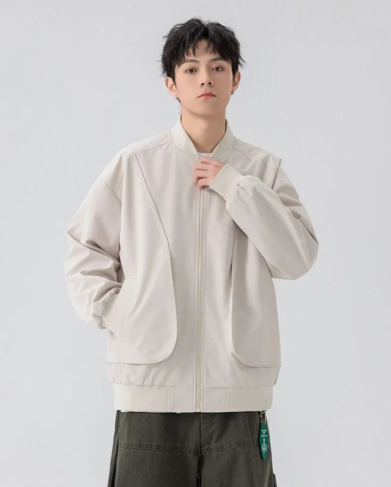 Men's Solid Color Bomber Jacket with Elastic Hem and Cuffs