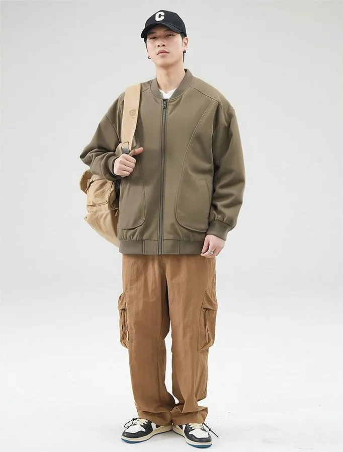 Men's Solid Color Bomber Jacket with Elastic Hem and Cuffs