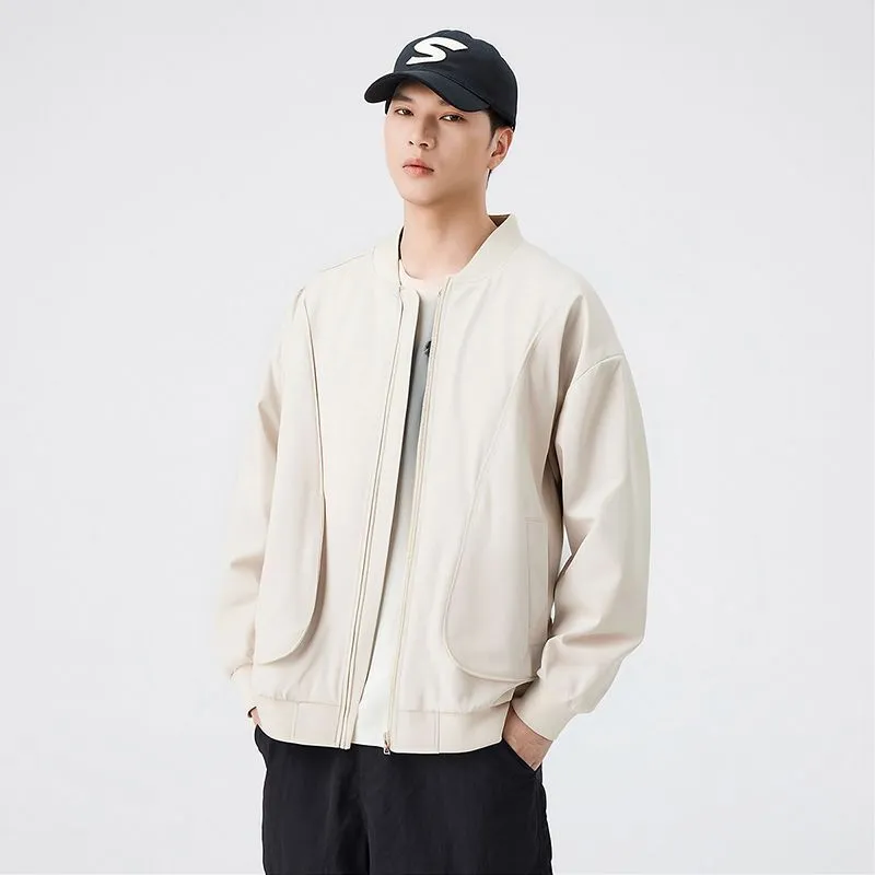 Men's Solid Color Bomber Jacket with Elastic Hem and Cuffs