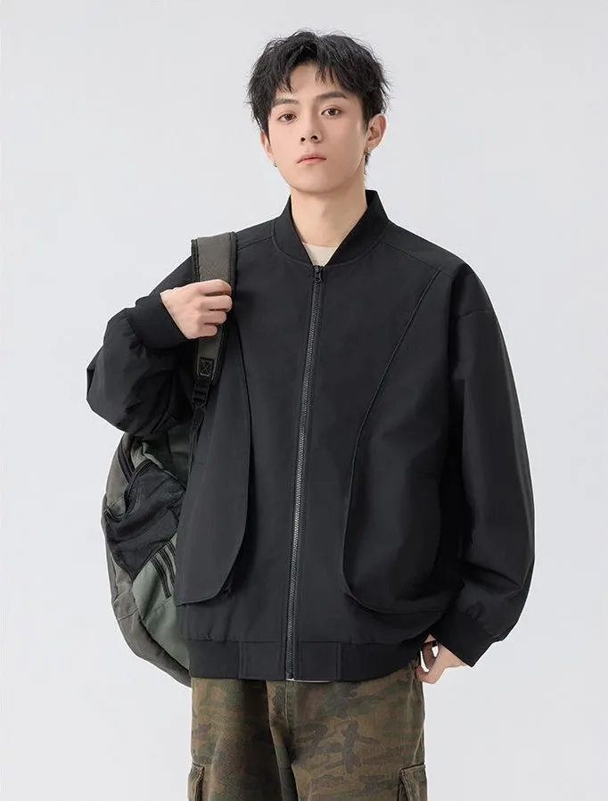Men's Solid Color Bomber Jacket with Elastic Hem and Cuffs