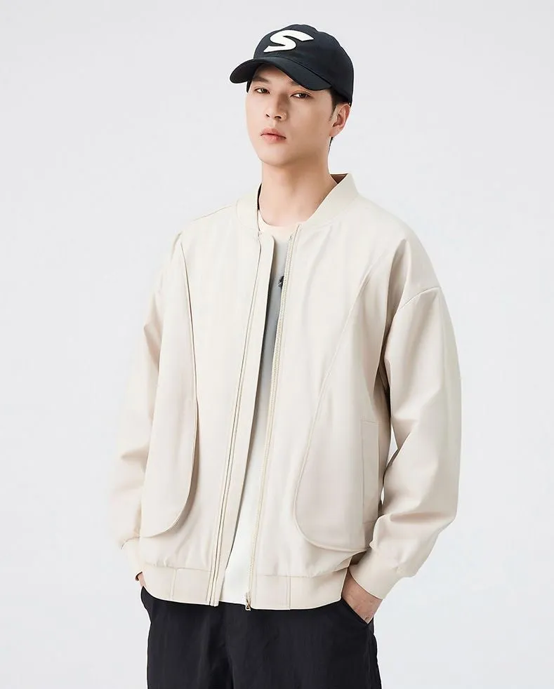 Men's Solid Color Bomber Jacket with Elastic Hem and Cuffs