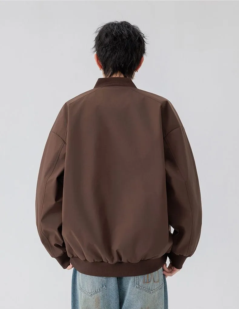 Men's Solid Color Bomber Jacket with Elastic Hem and Cuffs