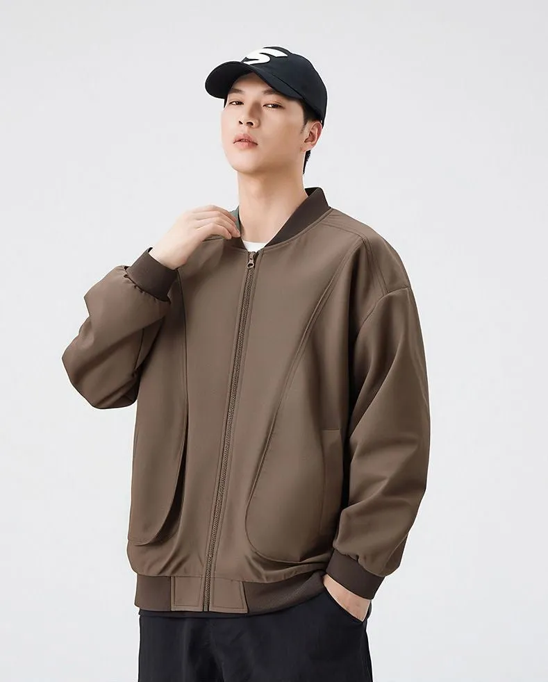 Men's Solid Color Bomber Jacket with Elastic Hem and Cuffs