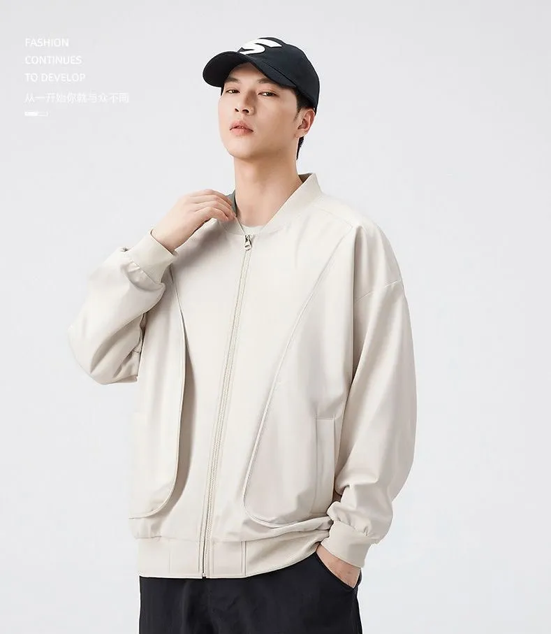 Men's Solid Color Bomber Jacket with Elastic Hem and Cuffs