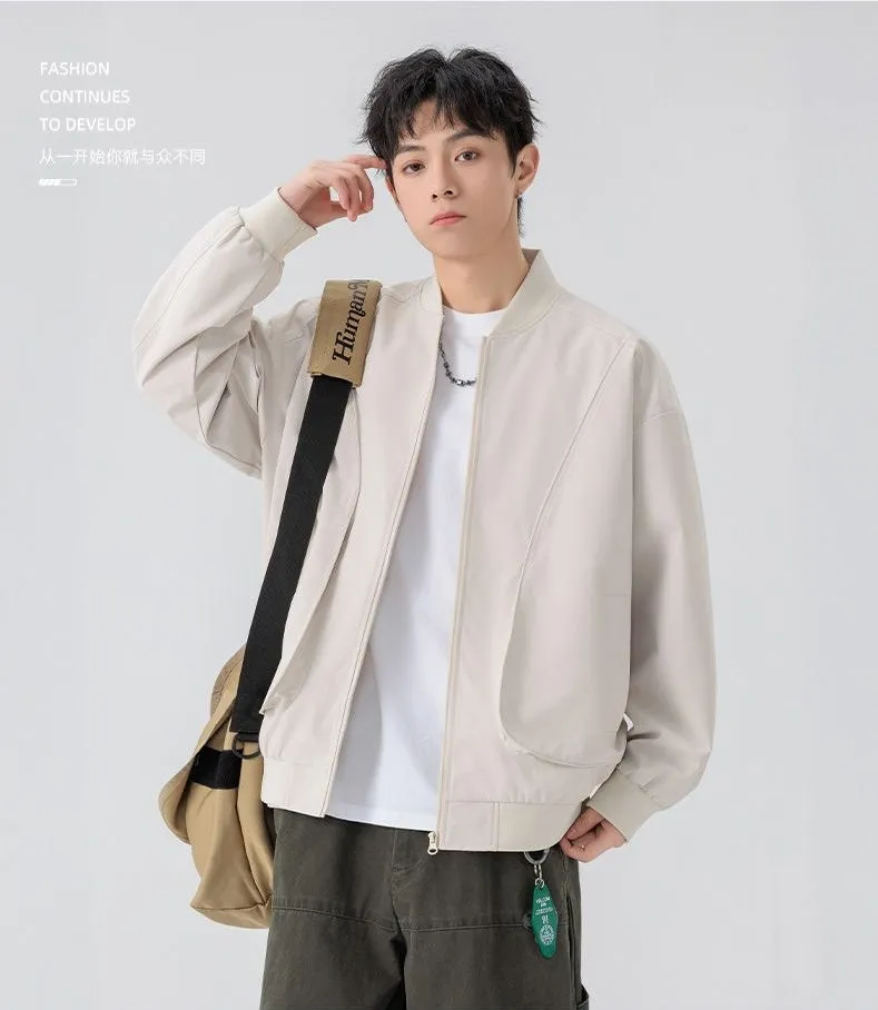 Men's Solid Color Bomber Jacket with Elastic Hem and Cuffs