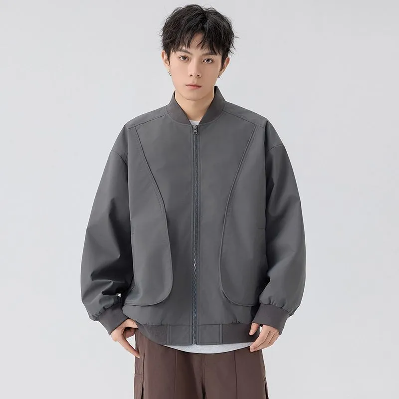 Men's Solid Color Bomber Jacket with Elastic Hem and Cuffs