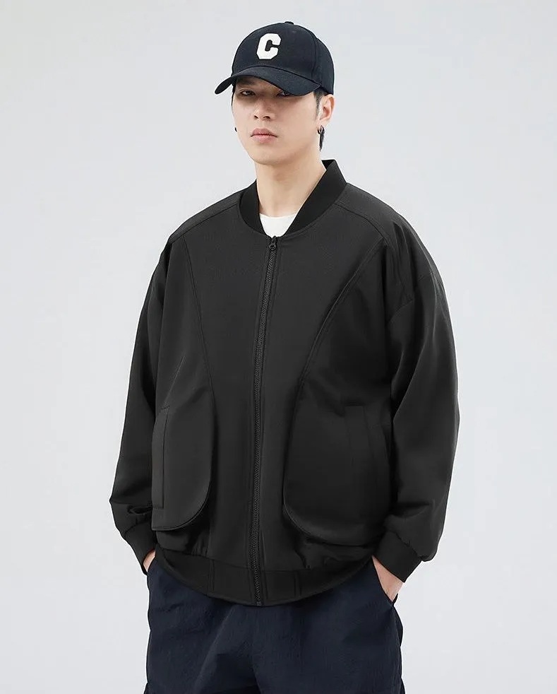 Men's Solid Color Bomber Jacket with Elastic Hem and Cuffs