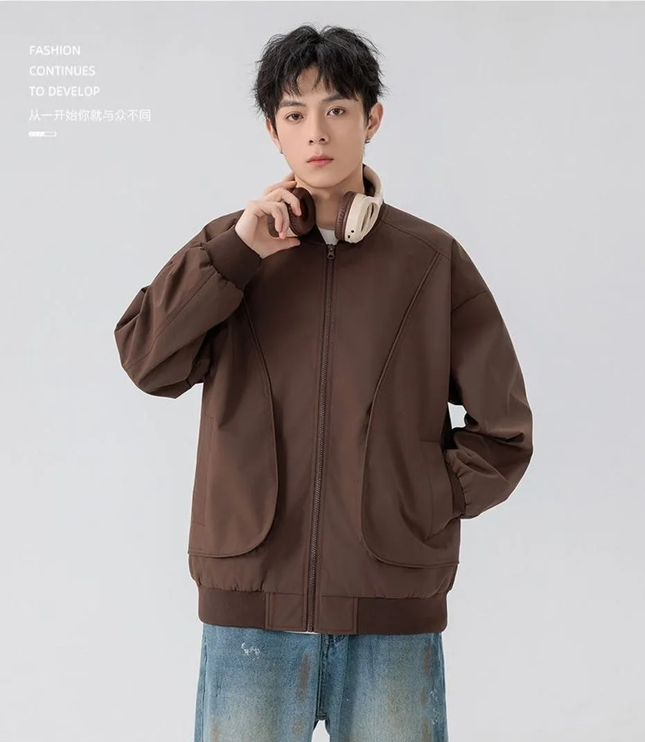 Men's Solid Color Bomber Jacket with Elastic Hem and Cuffs