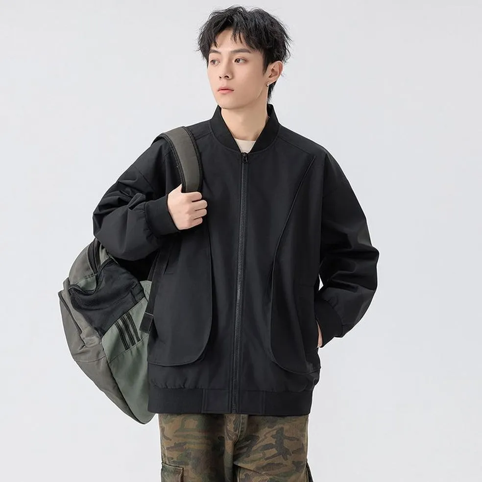 Men's Solid Color Bomber Jacket with Elastic Hem and Cuffs