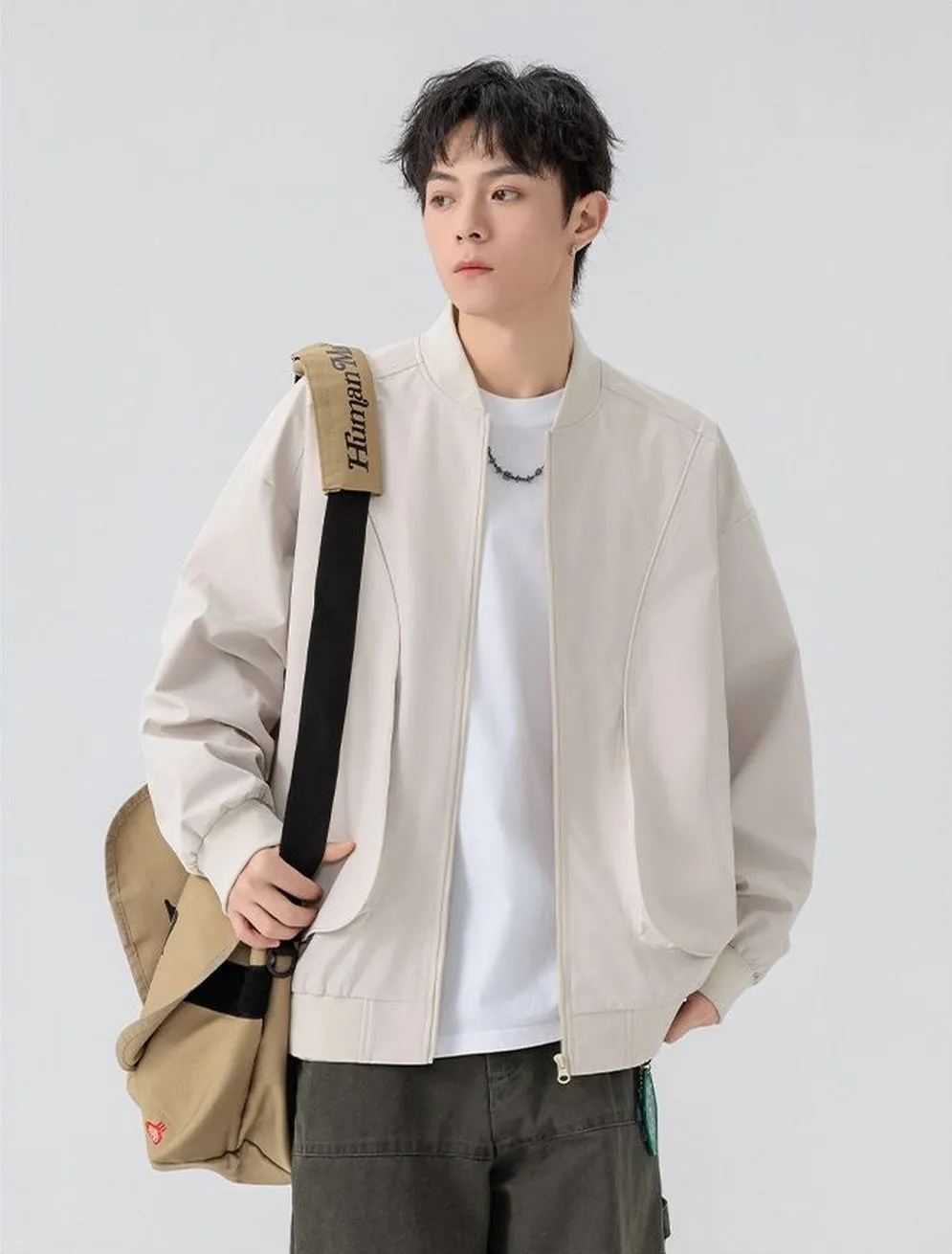 Men's Solid Color Bomber Jacket with Elastic Hem and Cuffs