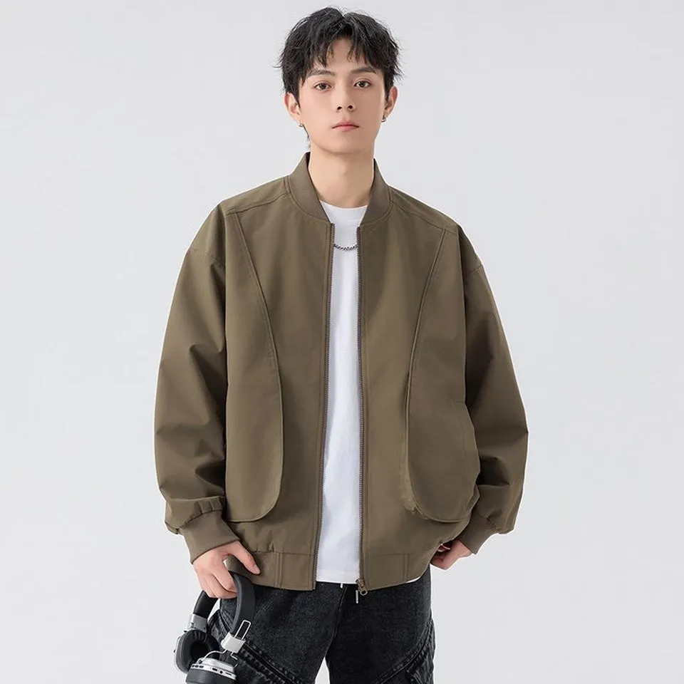 Men's Solid Color Bomber Jacket with Elastic Hem and Cuffs