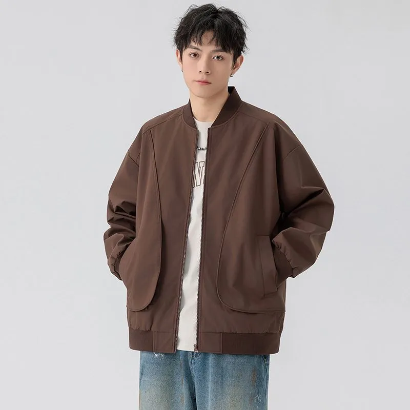 Men's Solid Color Bomber Jacket with Elastic Hem and Cuffs
