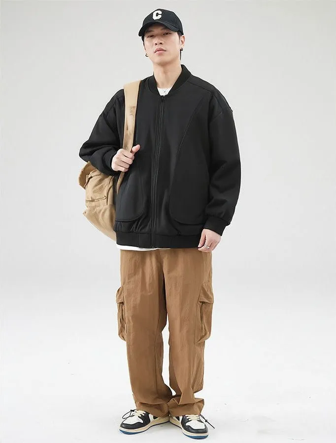 Men's Solid Color Bomber Jacket with Elastic Hem and Cuffs