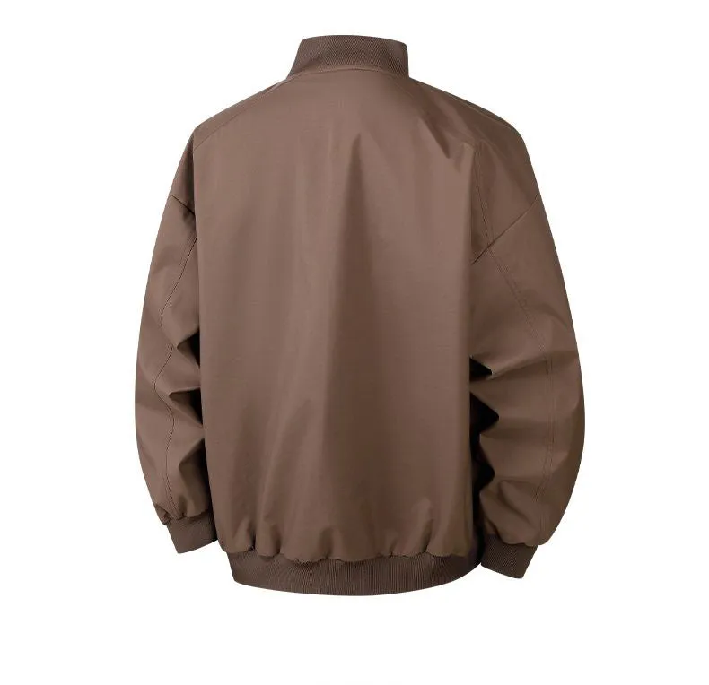 Men's Solid Color Bomber Jacket with Elastic Hem and Cuffs
