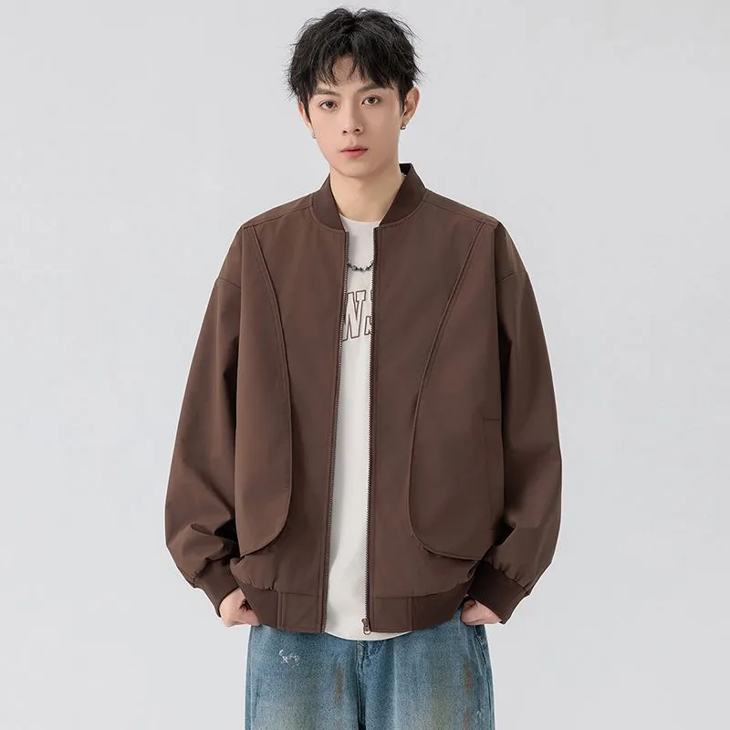 Men's Solid Color Bomber Jacket with Elastic Hem and Cuffs