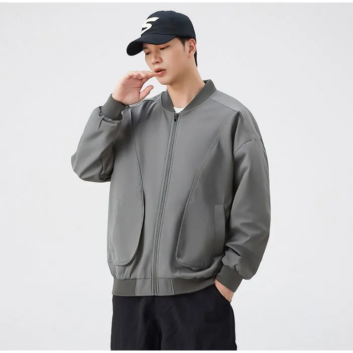 Men's Solid Color Bomber Jacket with Elastic Hem and Cuffs