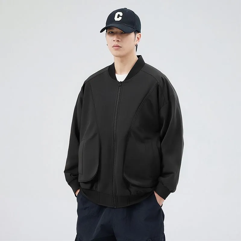 Men's Solid Color Bomber Jacket with Elastic Hem and Cuffs