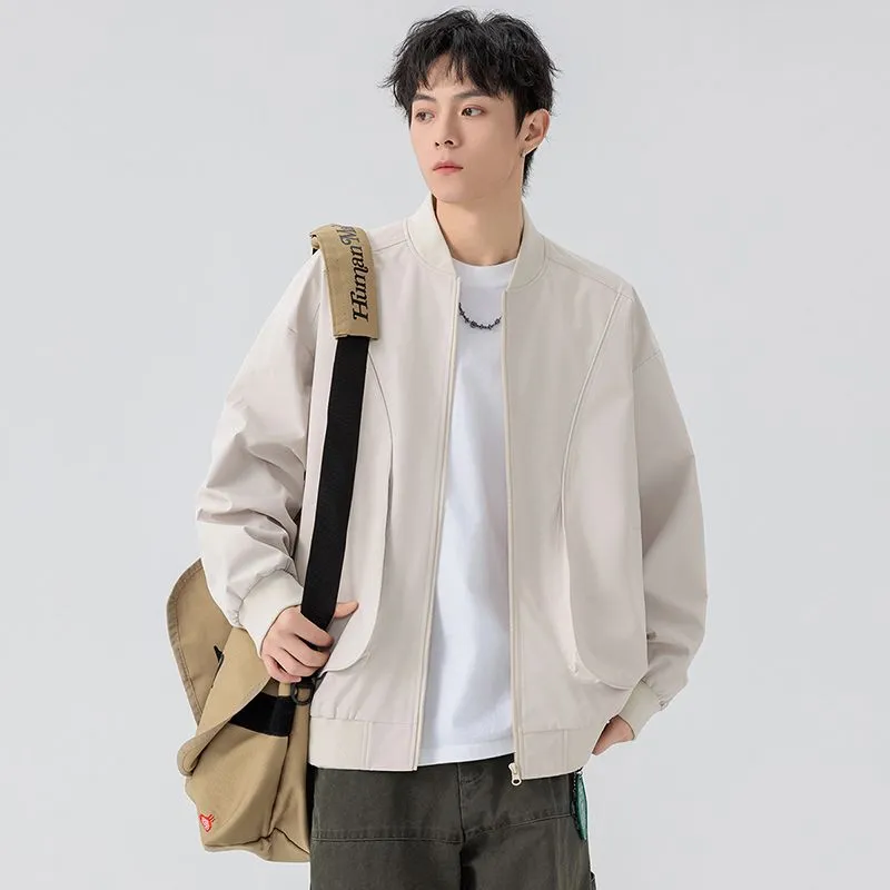 Men's Solid Color Bomber Jacket with Elastic Hem and Cuffs