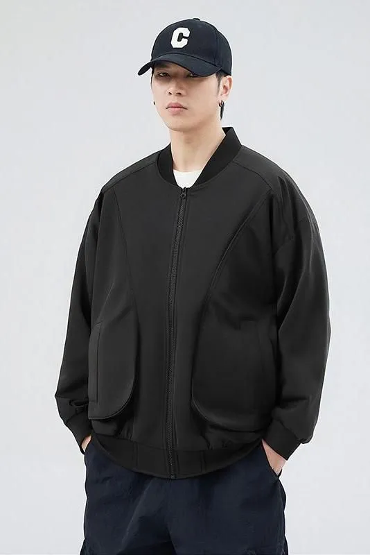 Men's Solid Color Bomber Jacket with Elastic Hem and Cuffs