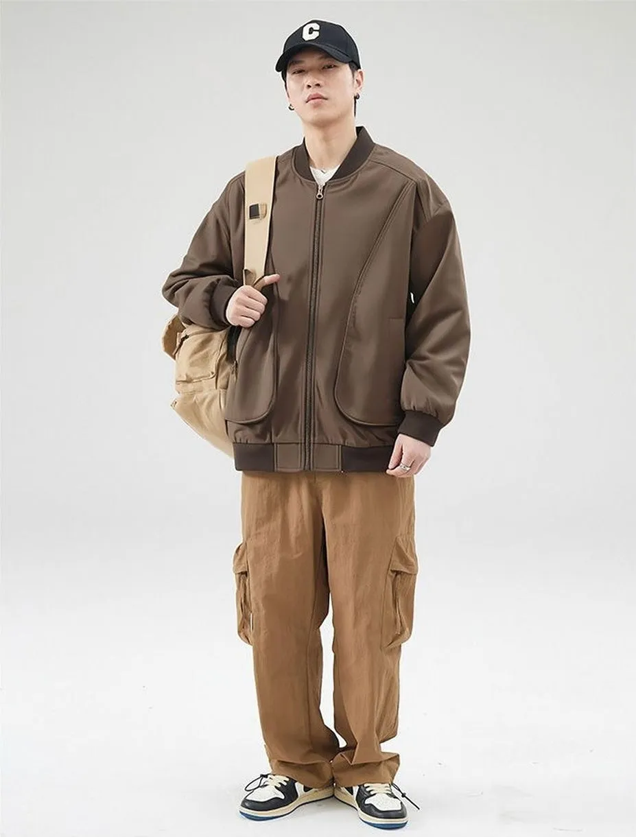 Men's Solid Color Bomber Jacket with Elastic Hem and Cuffs