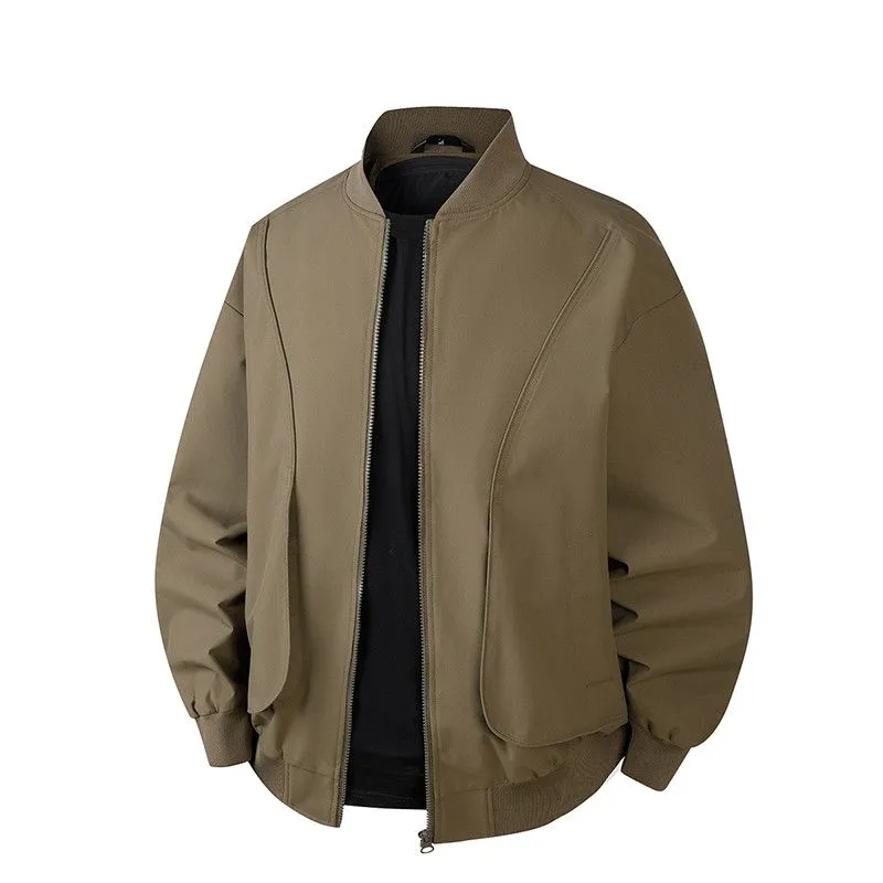 Men's Solid Color Bomber Jacket with Elastic Hem and Cuffs