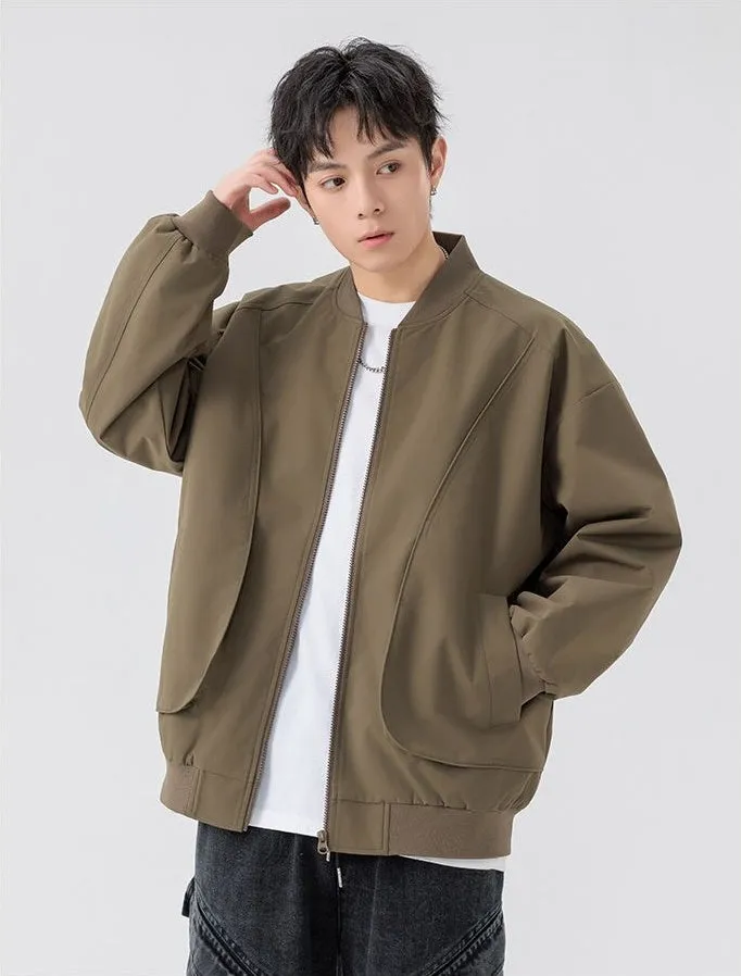 Men's Solid Color Bomber Jacket with Elastic Hem and Cuffs