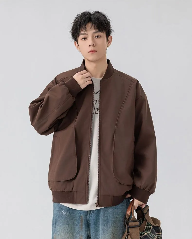Men's Solid Color Bomber Jacket with Elastic Hem and Cuffs