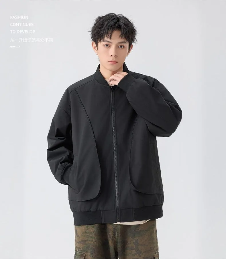 Men's Solid Color Bomber Jacket with Elastic Hem and Cuffs