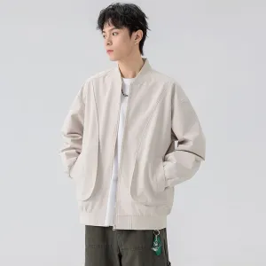 Men's Solid Color Bomber Jacket with Elastic Hem and Cuffs