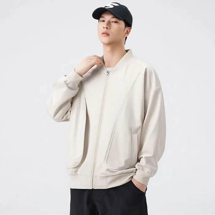Men's Solid Color Bomber Jacket with Elastic Hem and Cuffs