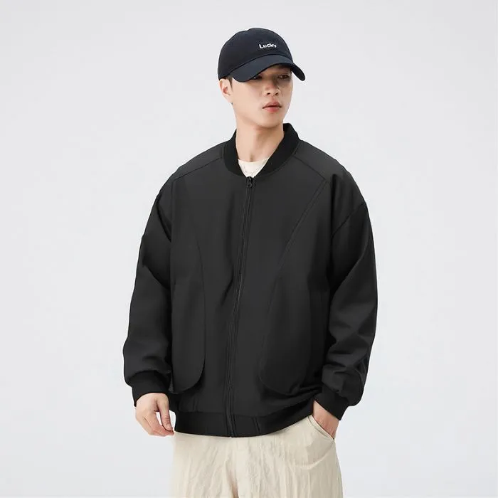 Men's Solid Color Bomber Jacket with Elastic Hem and Cuffs