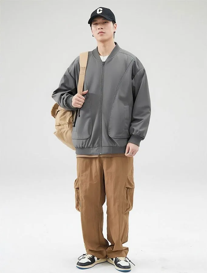 Men's Solid Color Bomber Jacket with Elastic Hem and Cuffs