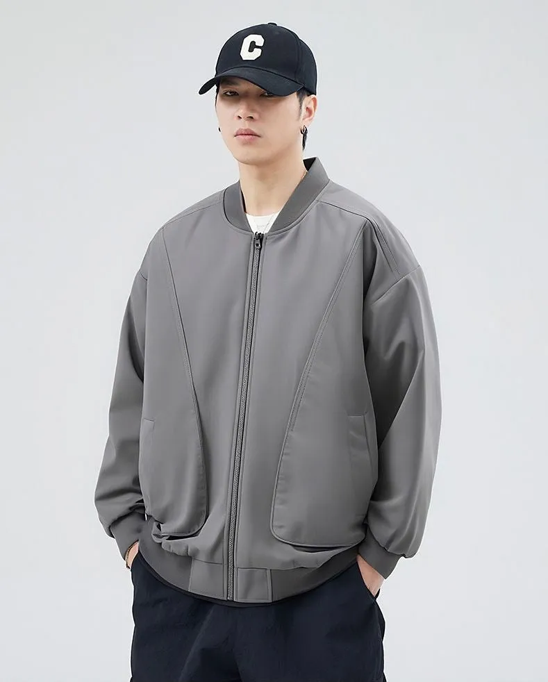 Men's Solid Color Bomber Jacket with Elastic Hem and Cuffs