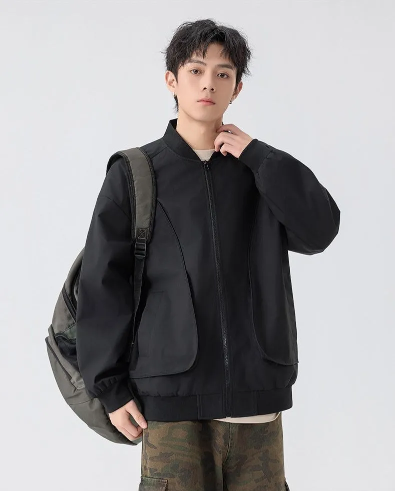 Men's Solid Color Bomber Jacket with Elastic Hem and Cuffs