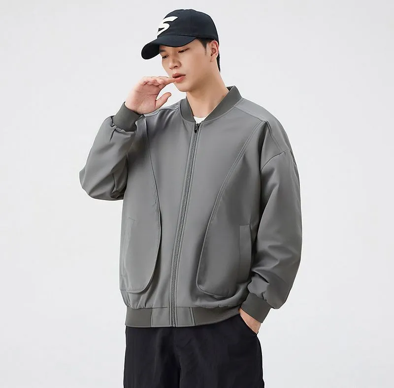 Men's Solid Color Bomber Jacket with Elastic Hem and Cuffs