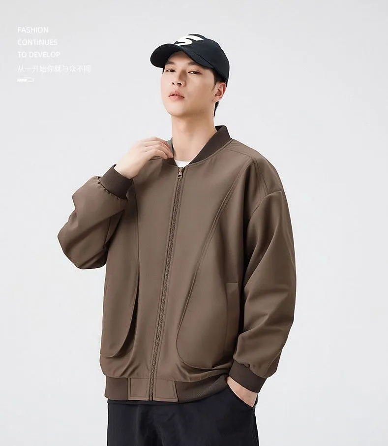 Men's Solid Color Bomber Jacket with Elastic Hem and Cuffs